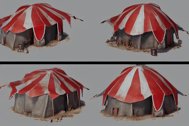 Prompt: 3d sculpt of a tattered circus tent, artstaton, League of Legends, red dead redemption2, overwatch, digital illustration