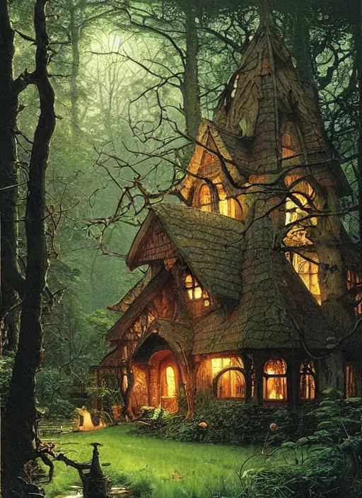 Image similar to hyper realistic homely witch cottage rococo in the woods gorgeous lighting, highly detailed, lush forest painting by norman rockwell, james gurney zdzisław beksinski and norman rockwell and greg rutkowskiweta studio