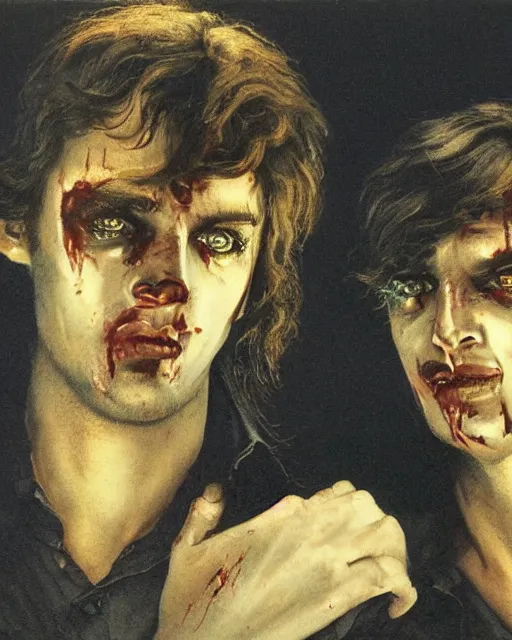 Prompt: two handsome but sinister young men in layers of fear, devonshire, with haunted eyes and wild hair, 1 9 7 0 s, seventies, wallpaper, a little blood, moonlight showing injuries, delicate embellishments, painterly, offset printing technique, by john howe, brom, robert henri, walter popp