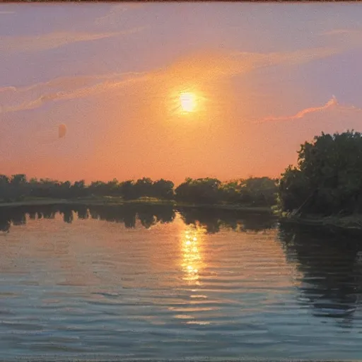 Prompt: 1 9 th century river boat in the deep south, evening sun, intense lighting, hyper realistic, gouache