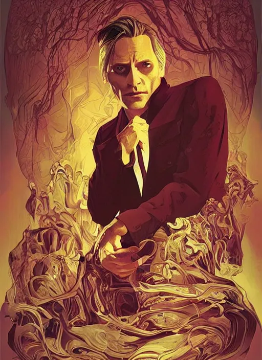 Prompt: poster artwork by Michael Whelan and Tomer Hanuka, Karol Bak of the Mads Mikkelsen, from scene from Twin Peaks, clean