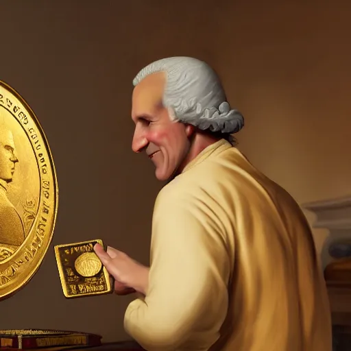 Image similar to a closeup photorealistic photograph of a happy George Washington inspecting small gold Doubloon coins at his home on Cherry Street. This 4K HD image is Trending on Artstation, featured on Behance, well-rendered, extra crisp, features intricate detail and the style of Unreal Engine.