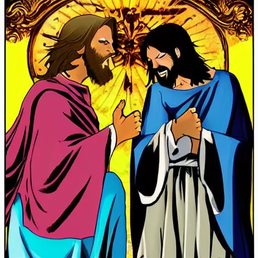 Prompt: Anime Jesus punches Judas comic book manga