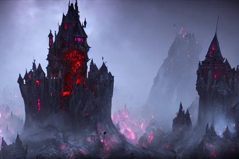 Image similar to big evil fairy castle - city rock dark shadow elves, might and magic heroes 7, dark fantasy, shadows, artstation trending, unreal engine 5, red