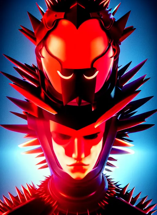 Image similar to a striking cinematic full body manga portrait of a long black haired masked male teenager wearing imposing red jagged spiked plate armour and glowing with raging powerful red energy by hirohiko araki and beeple, fine details, digital art, character concept art, volumetric lighting, cinematic light, photorealistic