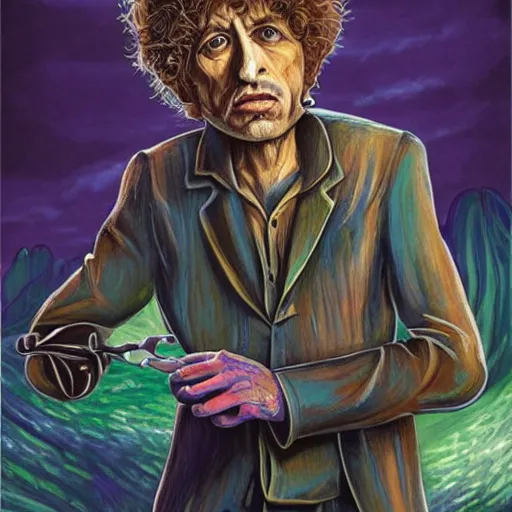 Prompt: illustration image for bob dylan as a magic the gathering creature, highly detailed, fantasy, cartoon style, painting