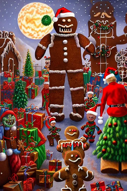 Image similar to a hyperrealistic painting of a 3 d christmas nightmare with giant mechanical evil gingerbread man, march of the wooden soldiers, santa's workshop, cinematic horror by chris cunningham, lisa frank, richard corben, highly detailed, vivid color,