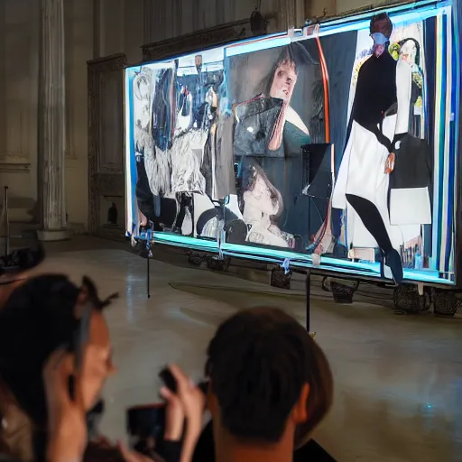 Prompt: art curator looking at a screen with a chat interface, recursive, on stage in the middle of a fashion show in the style of grand chamaco and stanley kubrick, inspired by y - 3, photorealistic, epic, super technical, cinematic still