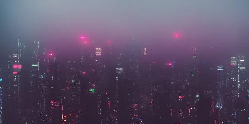 Image similar to megacity seen from above, neon signs, giant screens, eerie fog, blade runner, ex machina