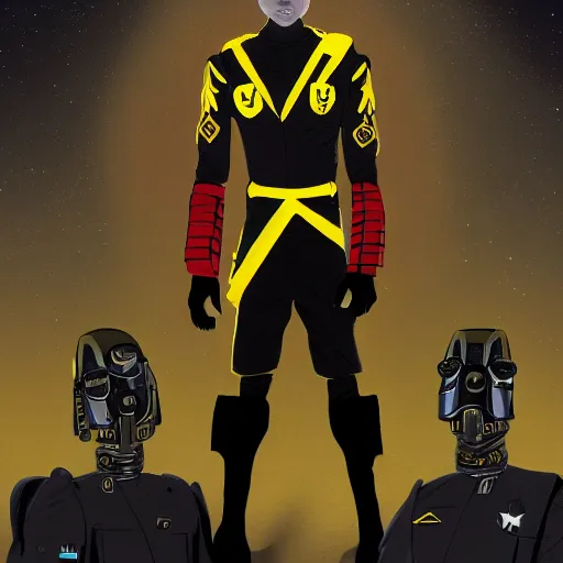 Prompt: Portrait of a sci-fi space starfighter pilot aviator, young Jacob Keyes, african, black man, golden armor uniform, military ribbons medals and insignia, fullbody, shadows, symmetrical, in the style of Mike Mignola and Duncan Fegredo and Simon Stalenhag and Jim Burns, dramatic light, moody