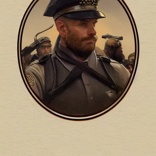 Image similar to Beautiful portrait of a Caucasian male police officer, wide angle, intricate, wild, highly detailed, digital painting, artstation, concept art, smooth, sharp focus, illustration, art by artgerm and greg rutkowski and alphonse mucha - W 768