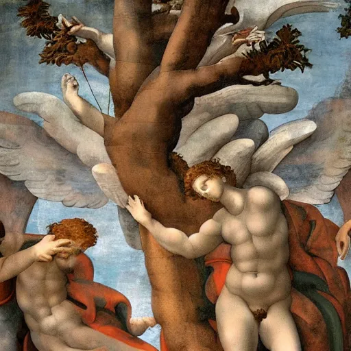 Prompt: the last tree on earth guarded by angels painted by michelangelo