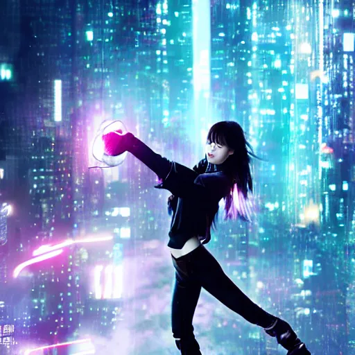 Image similar to a girl like (yoona, Elle Fanning), punching in a bag, background cyberpunk city, kpop, fullshot, photo, volumetric lighting, epic composition, intricate details, dark neon punk, by KDA