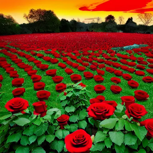 Prompt: graveyard filled with red roses while it's the most beautiful sunset and white clouds