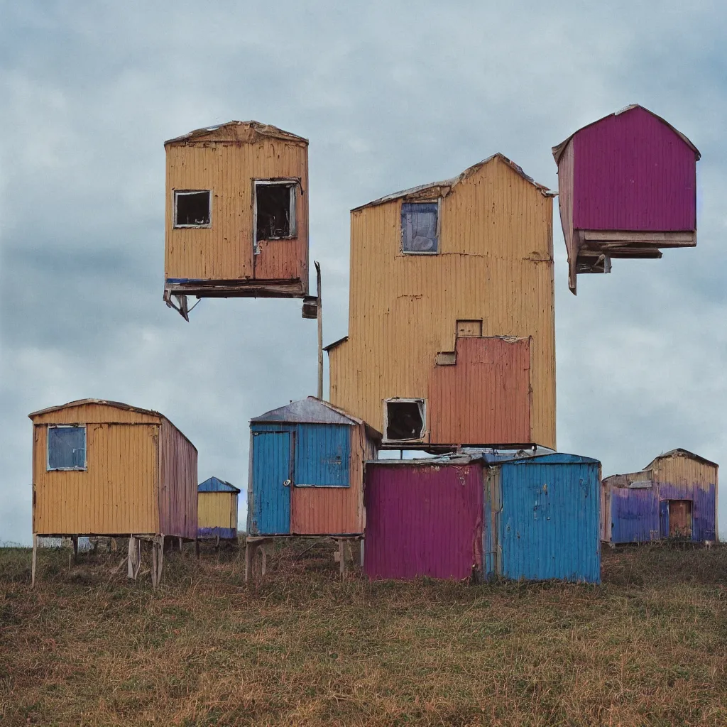 Image similar to two towers made up of colourful makeshift squatter shacks with faded colours, plain uniform sky at the back, soft focus, mamiya rb 6 7, f 1. 8, photographed by uta barth