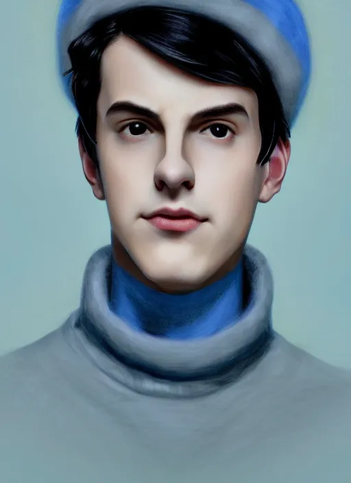 Image similar to portrait of teenage jughead jones wearing a light grey crown, crown, blue turtleneck, 1 9 5 0 s, closed eyes, photorealistic, black hair, glowing lighting, intricate, elegant, glowing lights, highly detailed, digital painting, artstation, concept art, smooth, sharp focus, illustration, art by wlop, mars ravelo and greg rutkowski