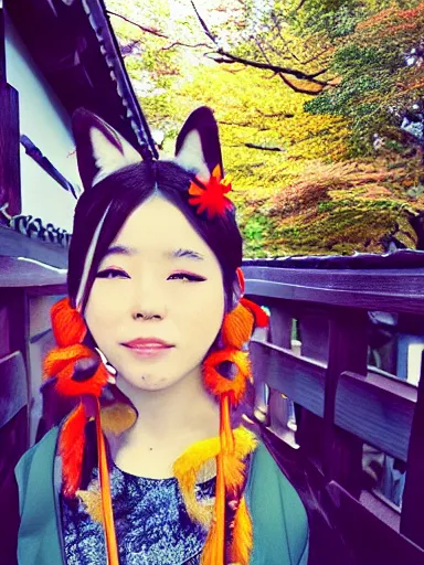 Image similar to full - color instagram photo of a cute young japanese girl cosplaying as a kitsune goddess doing a ritual dance in a windy inari shinto shrine in kyoto full of autumn leaves. she has fox - ears, a fox - tail, hands that are fox - paws, sharp fox - teeth, and a fox - nose. highly - detailed ; professional portrait photography.