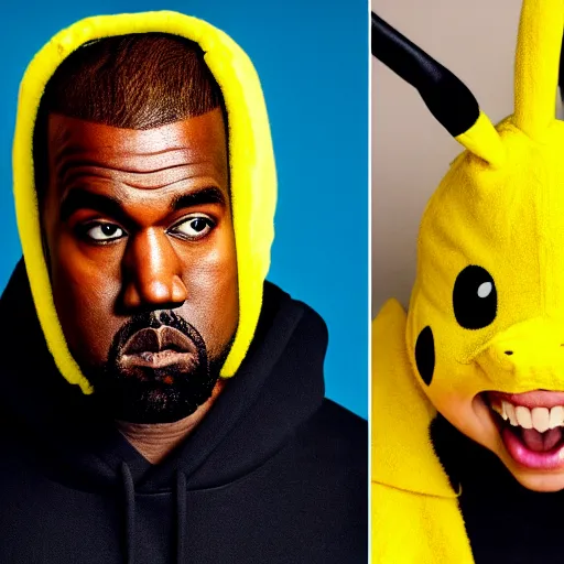 Image similar to Kanye West in a yellow pikachu! hoody, Studio Photograph, portrait C 12.0