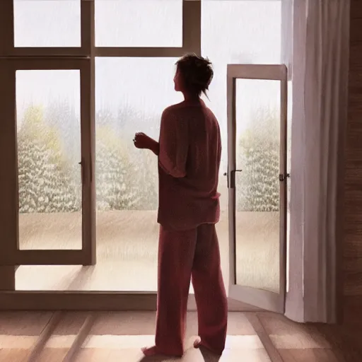 Image similar to person in pyjamas standing near window, sun rays, daylight, big french door window, big spatious room, 2 4 mm, wooden floor, modern, pastel palette, winter sun, photorealistic, high ceiling, watercolor painting