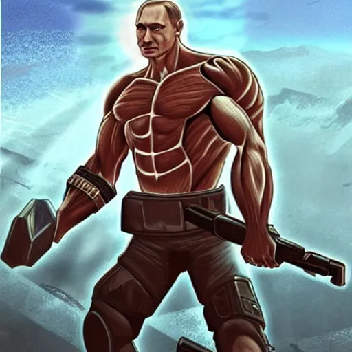 Image similar to A very muscular Vladimir Putin with a futuristic weapon in his hands, against the background of fighting against aliens, detailed style, super quality.