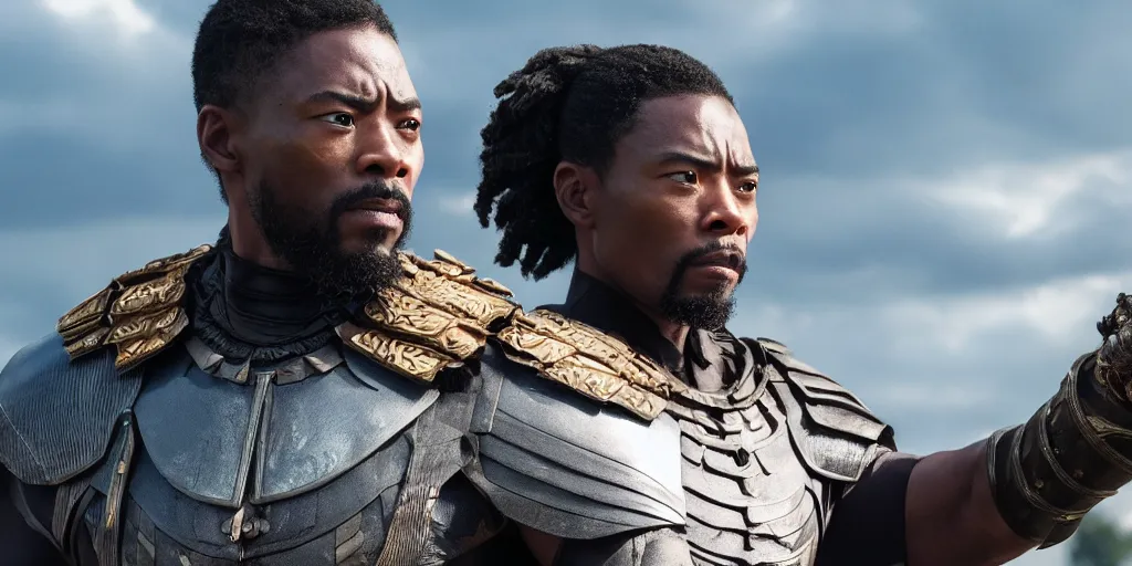 Prompt: a film still of a black man starring in a japanese blockbuster film as ancient samurai in the city of wakanda, shallow depth of field, cinematic, award winning cgi, vfx, film still