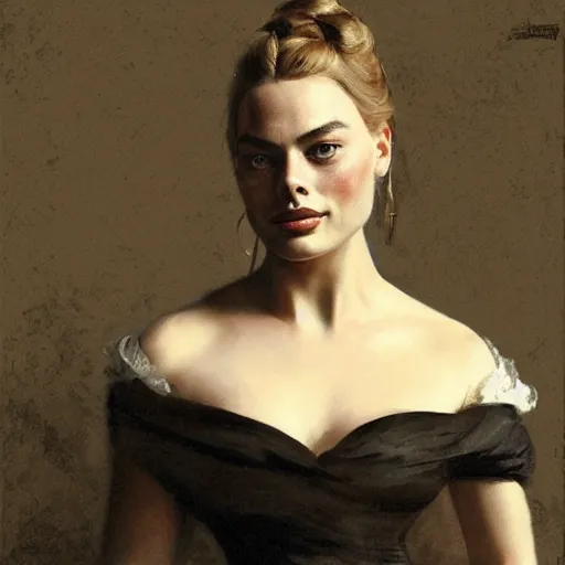 Prompt: portrait of Margot Robbie, antebellum dress, b&w shading, by Ilya Repin, and Greg Rutkowski