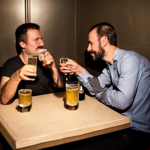 Prompt: Cedric Jubilar and Xavier dupont de ligones having a beer, award winning photography