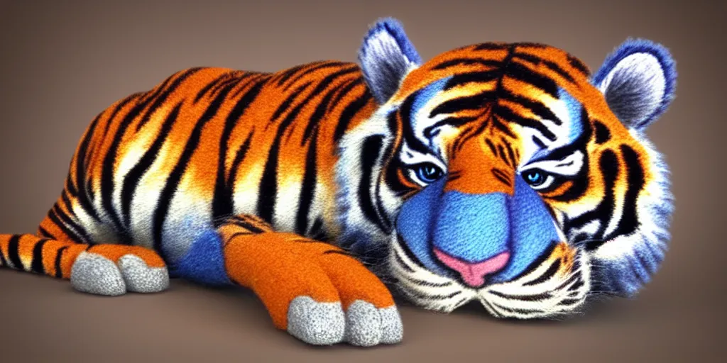 Prompt: 3 d precious moments plush tiger, realistic fur, muted blue, peach, gray, brown, purple color scheme, master painter and art style of john william waterhouse and caspar david friedrich and philipp otto runge