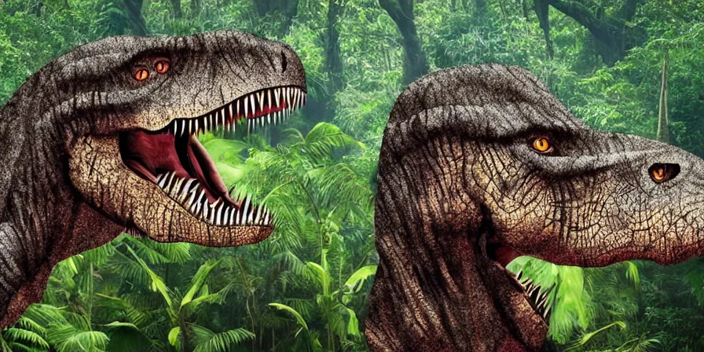 Image similar to tyrannosaurus rex with a cat's head, jungle background