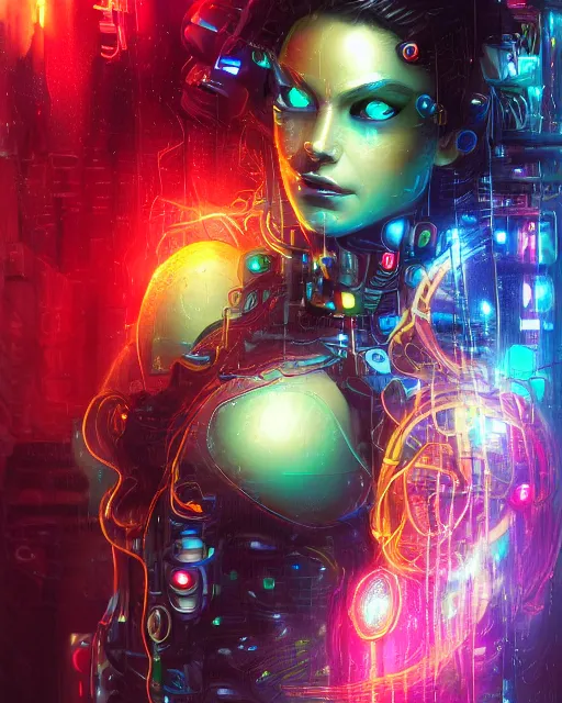 Image similar to a cyberpunk close up portrait of cyborg medusa, electricity, rainbow, snakes in hair, sparks, bokeh, soft focus, sparkling, glisten, water drops, cold, dark, geometric, temples behind her, by paul lehr, jesper ejsing