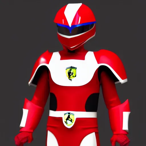 Image similar to Tokusatsu character based on Ferrari, red mechanical skinny body, chest plate with Ferrari logo, stylized motorcycle helmet, full body, unreal engine, 3D model