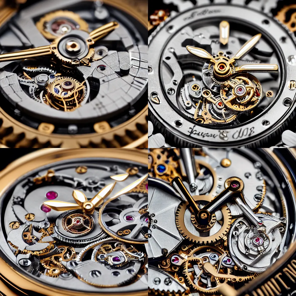 Prompt: Macro photograph of a miniature beautiful Swiss watch chalet on an intricate watch mechanism, cogs, gears, gearwheels, levers, jewels, shiny silver, shiny gold, architectural render, steampunk, , Rolex, Breitling, Jacob & Co, Omega, Tag Heur, Hublot