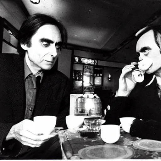 Image similar to carl sagan and alien drinking tea in a chinese tea house