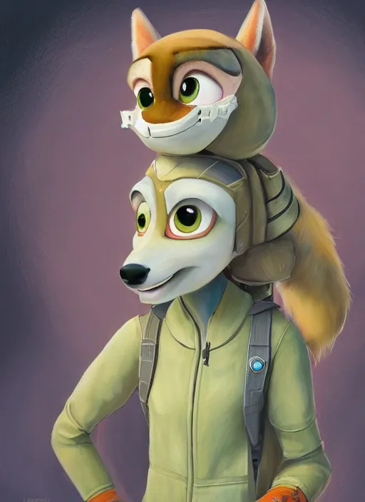 Image similar to oil painting detailed full body of anthromorphic female wolf, in style of zootopia, zootopia, zootopia, fursona, furry, furaffinity, 4 k, deviantart, furry art, fursona art, wearing astronaut outfit, in style of zootopia, wolf fursona, cyberpunk, female, expressive, detailed feminine face,