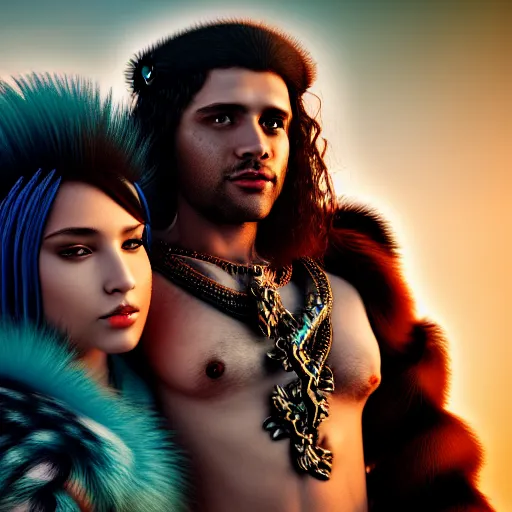 Image similar to a male DND barbarian wearing fur coat holding a small blue-skinned Triton girl with black hair, high resolution film still, 4k, HDR colors