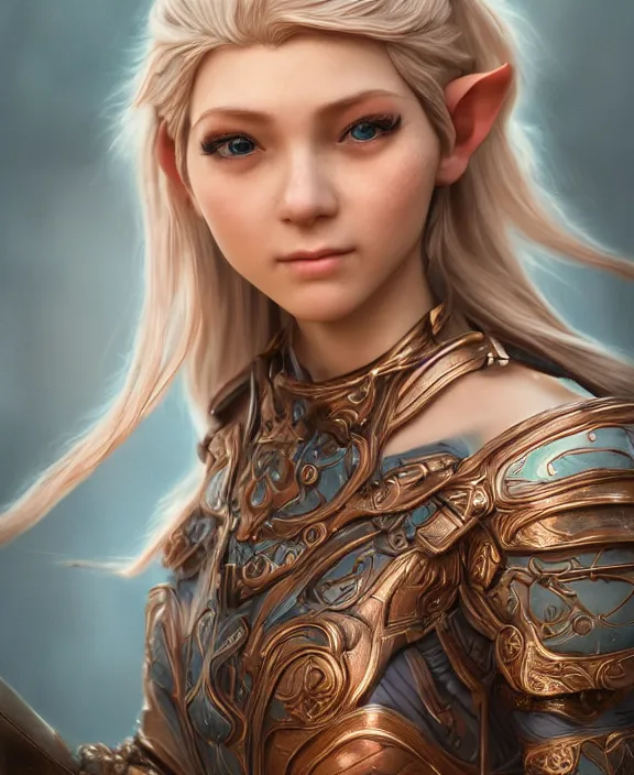 Prompt: a beautiful and highly detailed digital portrait of a dignified elf with long blue windswept hair in a rose gold breastplate by artgerm, and lu ji, centered, artsation contest winner, cgsociety, fantasy art, cryengine, concept art, photorealism, daz 3 d, sketchfab, zbrush, vray