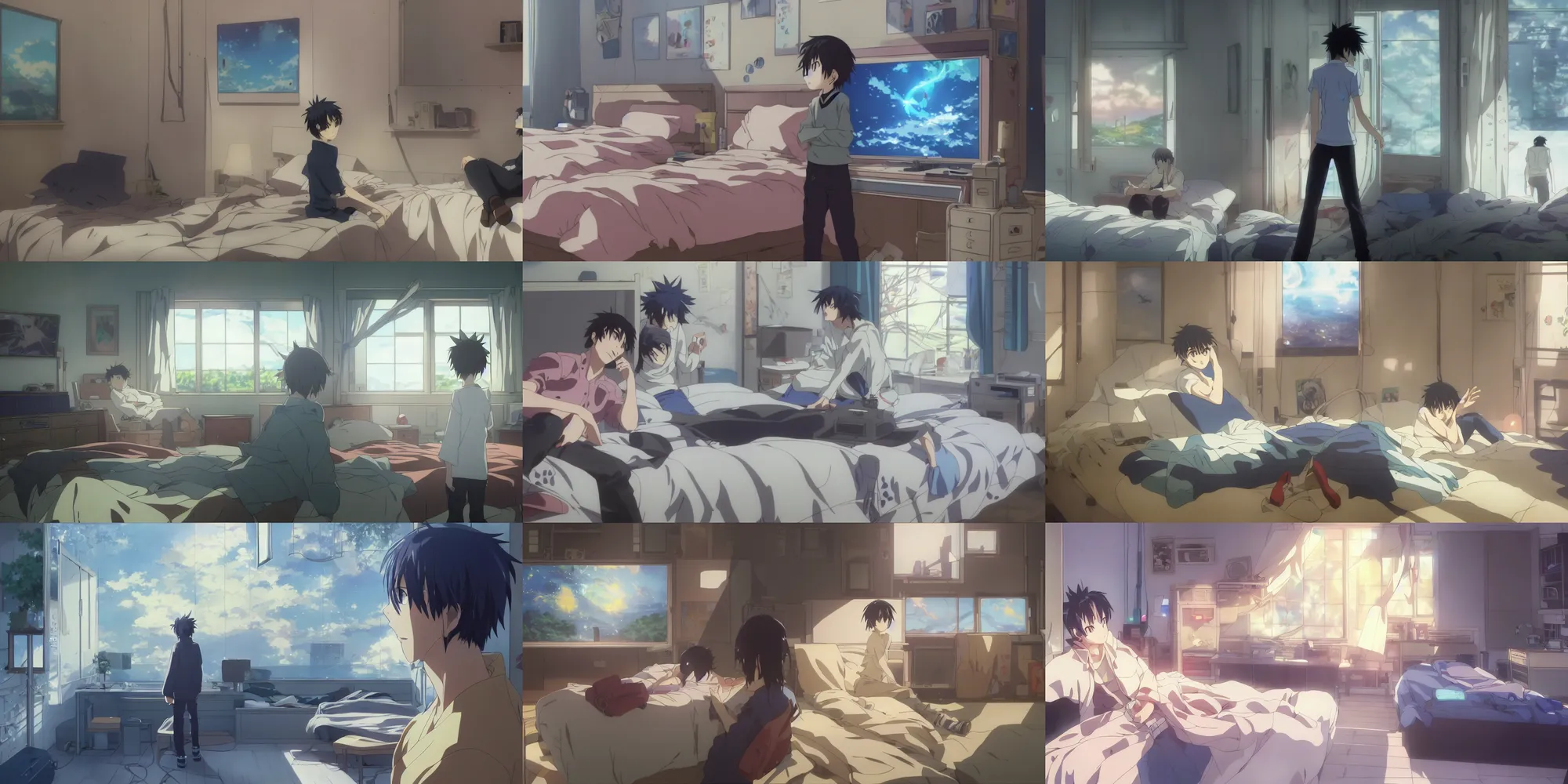 Prompt: screenshot from the anime film by Makoto Shinkai, a painting of the main character's exciting bedroom, adult male gamer alone in bedroom, near futuristic technological world, magical realism, looking through the prism at the digital world, screenshot from the Kyoto Animation anime about the boy who wears nervegear, makoto shinkai, augmented reality, real life blended with digital world