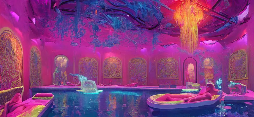 Image similar to beautiful masterpiece painting of a luxurious day spa in a future radioactive glowing swamp, cryogenic day spa treatment, grunge cyberpunk, by Remedios Varo and Anato Finnstark and Greg Rutkowski, dayglo pink, dayglo blue, by Craig Mullins, ilya kuvshinov, krenz cushart, artgerm, 8k, trending on ArtStation