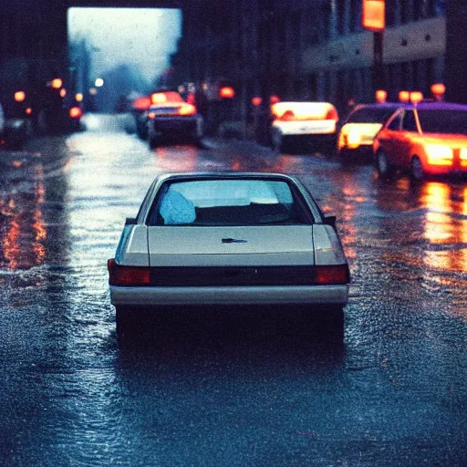 Image similar to 1990s perfect 8K HD professional cinematic photo of a car in dystopian world, at evening during rain, at instagram, Behance, Adobe Lightroom, with instagram filters, depth of field, taken with polaroid kodak portra