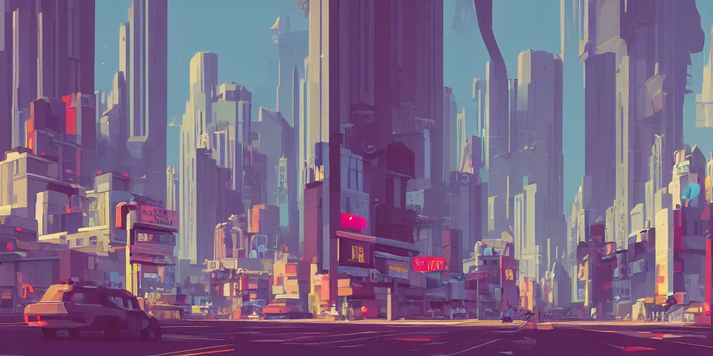 Image similar to a beautiful picture of a city with a closeup of a street, a matte painting by james gilleard, geometric lines, pixiv contest winner, retrofuturism, cityscape, 2 d game art, low poly