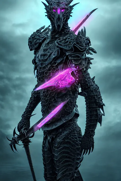 Prompt: hyperrealistic neo - gothic human dragon hybrid, exoskeleton armor, fighting with sword, field of pink flowers, highly detailed digital art masterpiece, vitaly bulgarov dramatic dark teal light, ground angle hd 8 k, sharp focus