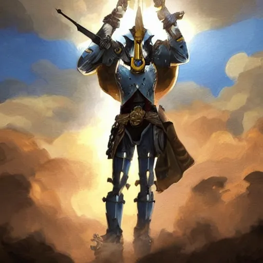 Image similar to a full body shot from distance of a great soldier with a yellow and blue flag standing in the beam of light from the clouds in a triumph after battle, western, masculine figure, D&D, fantasy, intricate, elegant, highly detailed, digital painting, artstation, concept art, matte, sharp focus, symmetrical, illustration, art by Artgerm and Greg Rutkowski and Alphonse Mucha