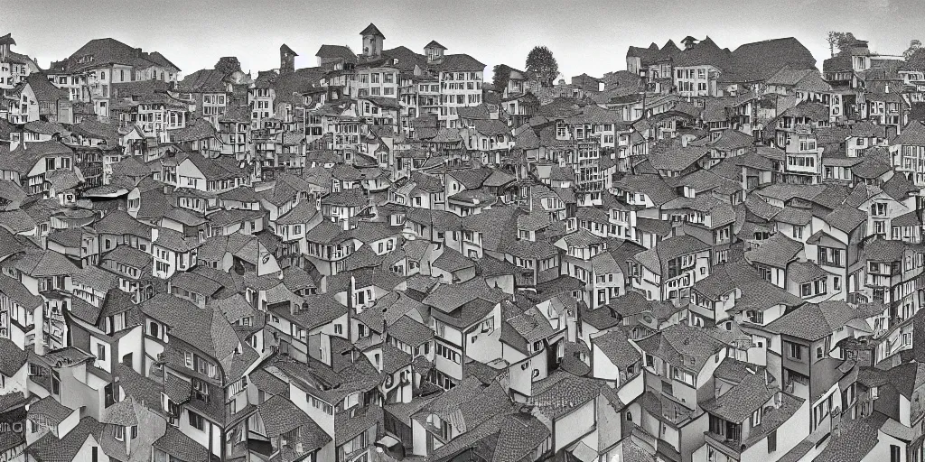 Prompt: photograph of a busy and picturesque suburb designed by M. C. Escher at sunset, 4k resolution, surreal