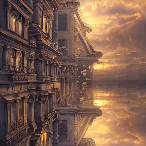 Prompt: magnificent baroque city floating in the sky, beautiful, surreal, highly detailed, sharp focus, sunset, by artgerm, cgsociety