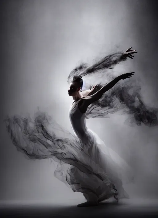 Image similar to a Photorealistic dramatic hyperrealistic render of a glamorous beautiful Female smoke dancer by Ken Brower and Deborah Ory of NYC Dance project,Lois Greenfield,Flowing cloth and smoke,Beautiful dynamic dramatic dark moody lighting,volumetric,shadows,cinematic atmosphere,Octane render,8K