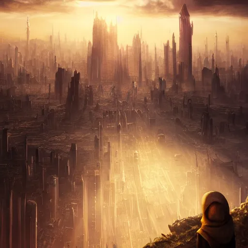 Image similar to detailed fantasy art of a metropolis with the citizens looking upward in fear at a strange hooded figure, Stunning volumetric light, sunset, concrete and translucent material, beautiful sky with a beautiful skyline, trending on Artstation, 8k, photorealistic, unreal engine 5, IMAX quality, Greg rutkowski, cinematic, epic lighting,