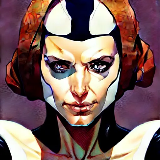 Prompt: artgerm, joshua middleton comic cover art, pretty domino character marvel comics sarah michelle gellar, place white skin, asymmetrical black spot covering left eye only, no spot right eye white around right eye