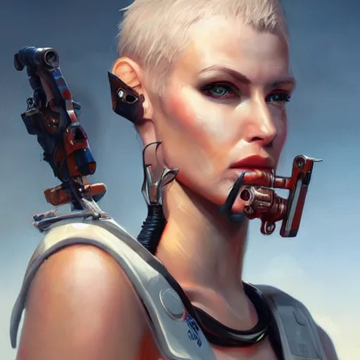 Image similar to tank girl, fantasy, portrait, highly detailed, half android, power implants, body transmogrify, beautiful, mesmerising, look of desire, loving stare, digital painting, trending on artstation, concept art, sharp focus, illustration, art by artgerm and greg rutkowski and magali villeneuve