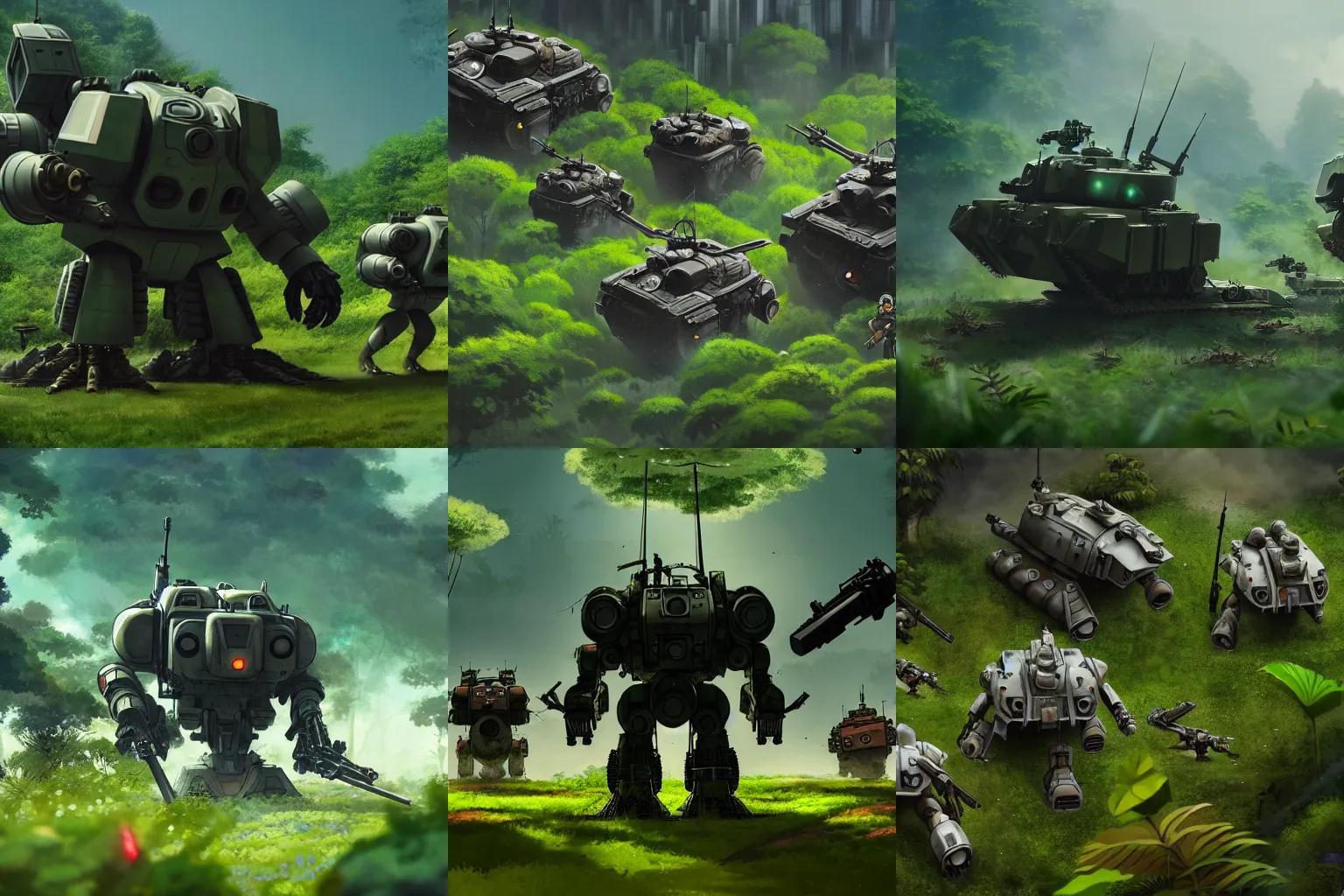 Prompt: a beautiful movie still of tank mechs with arms fighting in a post-apocalyptic Singapore overrun by vegetation. Studio Ghibli, aerial photography, wide angle lens, trending on artstation, trending on behance