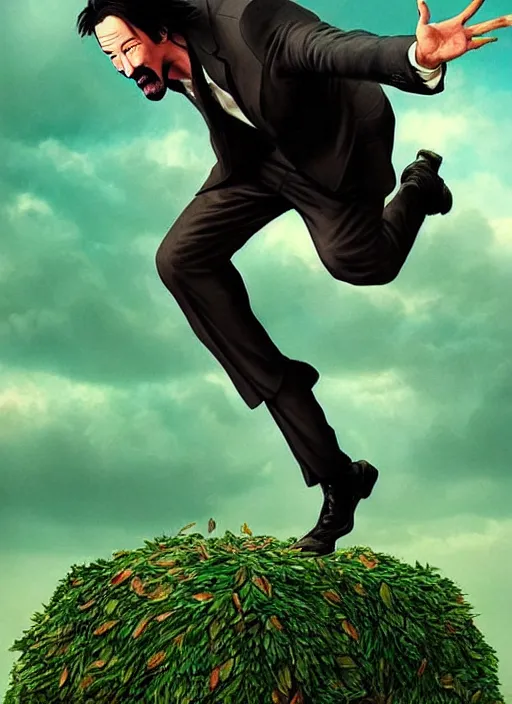 Image similar to highly detailed comedy caper movie poster with silly wacky zany keanu reeves as a sentient pile of leaves, keanu reeves green face as a sentient leafy bush by greg rutkowski, masterpiece, really funny, 1 0 / 1 0 comedy